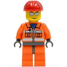 cty125 Construction Worker - Orange Zipper, Safety Stripes, Orange Arms, Orange Legs, Dark Bluish Gray Hips, Red Construction Helmet, Silver Sunglasses 